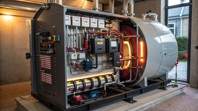 Illustration of a modern condensing boiler showing main components