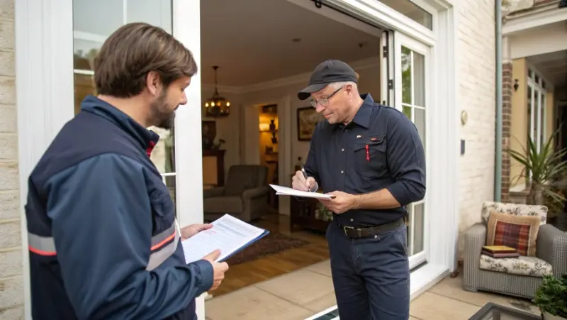 Heating engineer carrying out a pre-install survey in a Glasgow flat