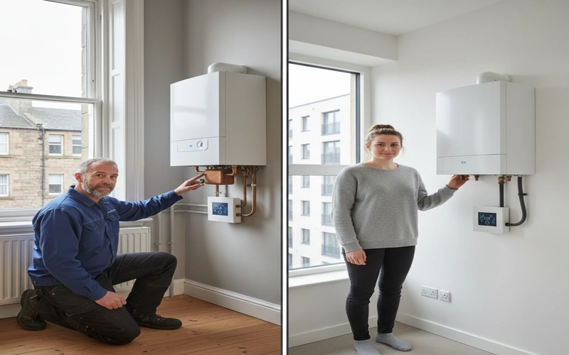 Side by side comparison showing combi system and electric boiler installations for Glasgow homes
