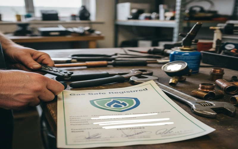 Gas Safe registered engineer certificate and professional heating tools